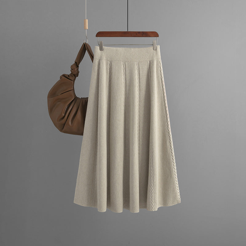 ZllKl 2025 new medium and long autumn and winter pendant feeling a word khaki knitted skirt children's winter sweater