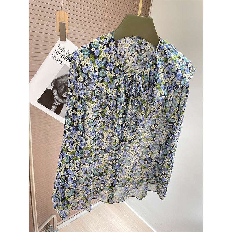 Silk shirt women's spring and summer new mulberry silk design sense niche long-sleeved top, unique printed shirt