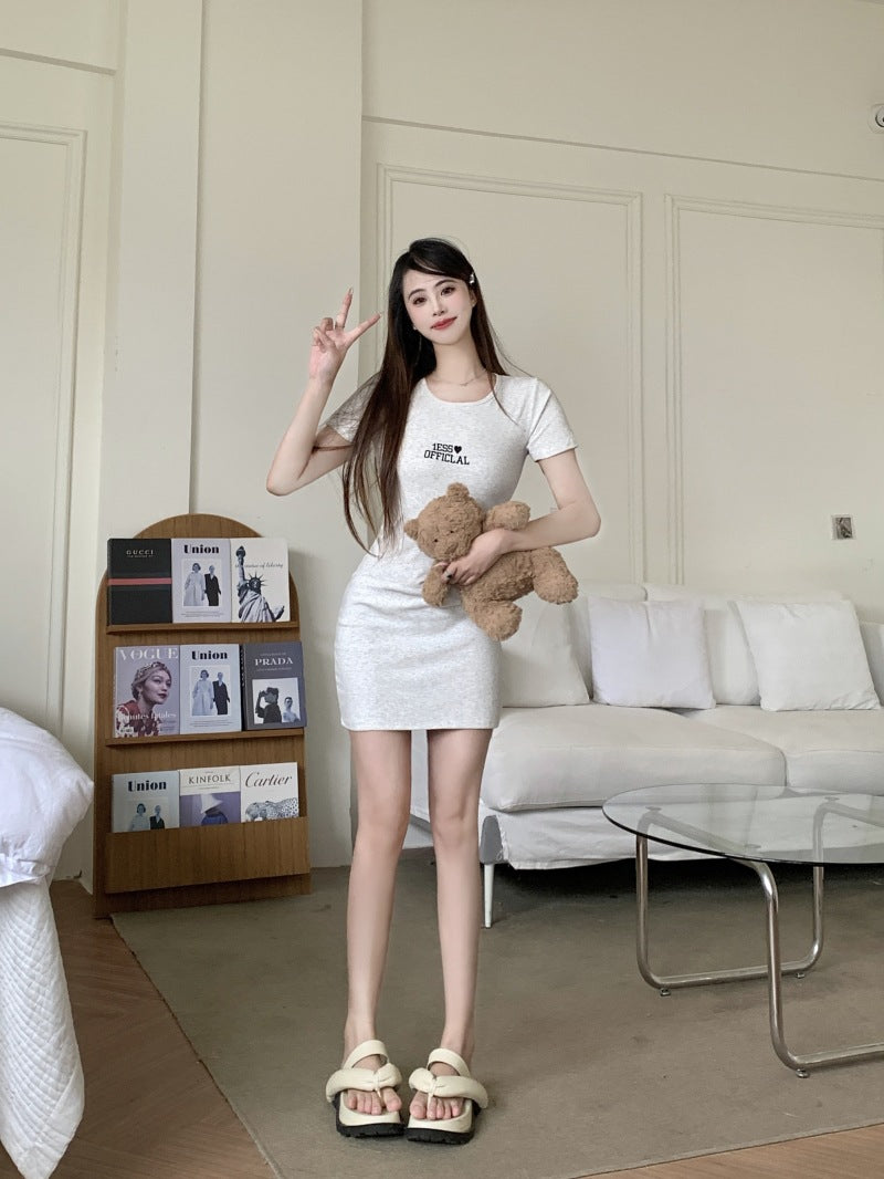 Hot Girl Pure Desire Style Embroidered Letters Dress Women's 2025 Summer Slim Fit Slimming Sheath A- line Midi Dress