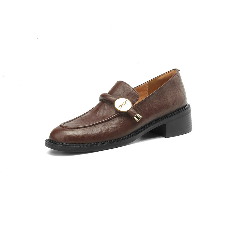 2025 Retro gold buckle thick heel loafer single shoes women's British style small leather shoes