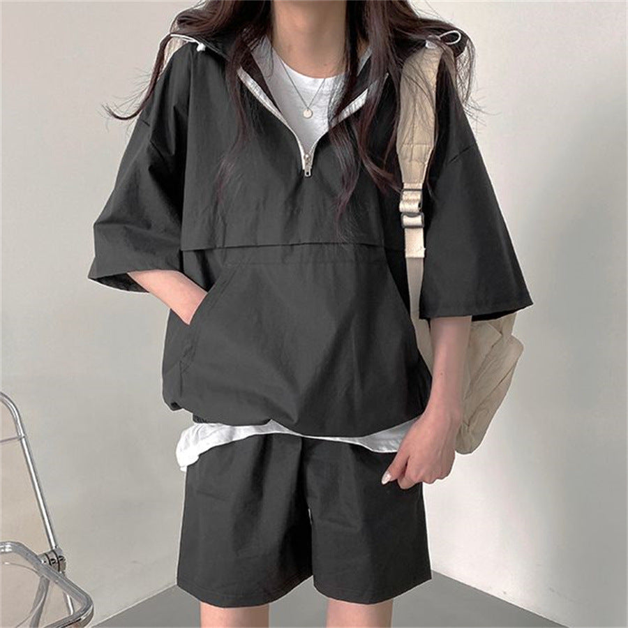 ZLLKL 2025 Korean version of solid color fashion casual short-sleeved suit women's summer new fashion loose hooded sportswear versatile