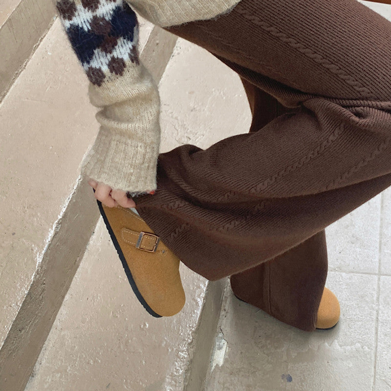 ZllKl Women's Twist-Covering Knitted Wide-Leg Pants Autumn and Winter High Waist Drooping Wool Mop Pants Lengthened Outer Wear Casual Straight Pants
