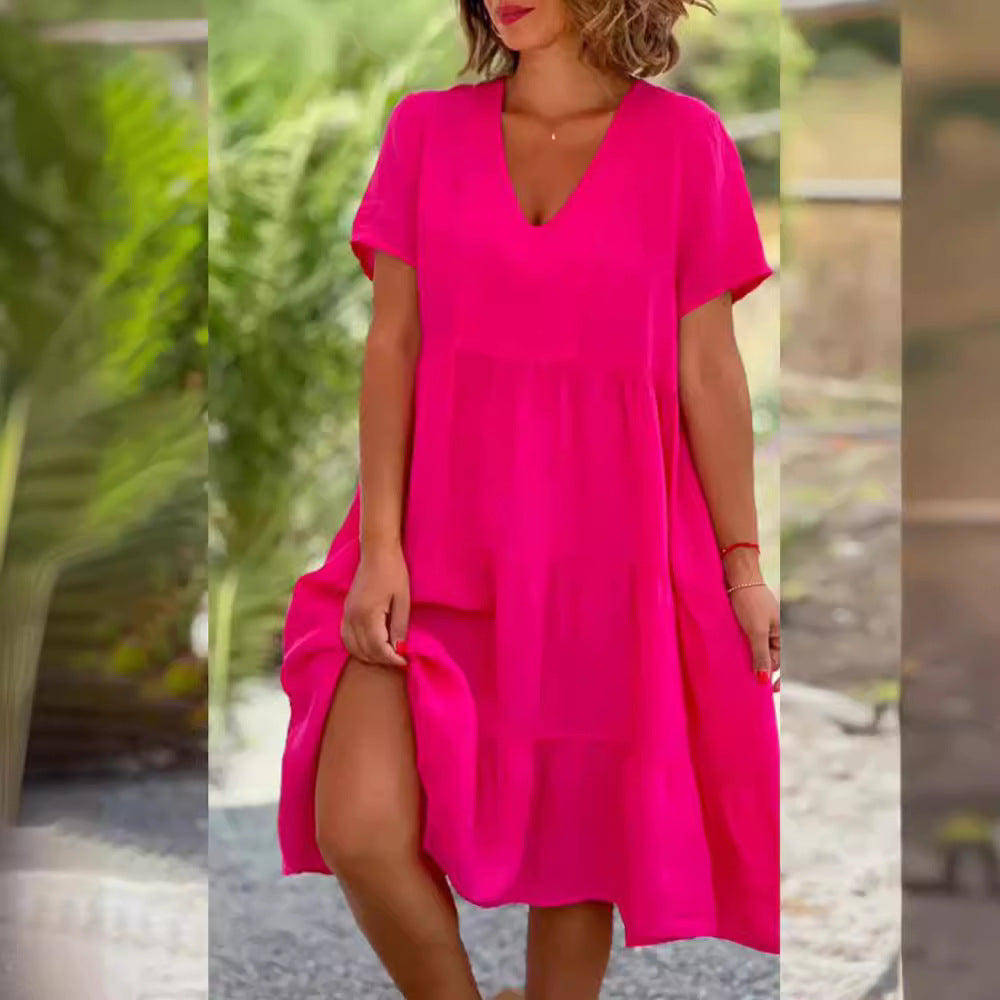 ZllKl European American Summer New Women's Clothing Fresh Sweet V-neck Solid Color Wide Hem Casual Skirt Dress