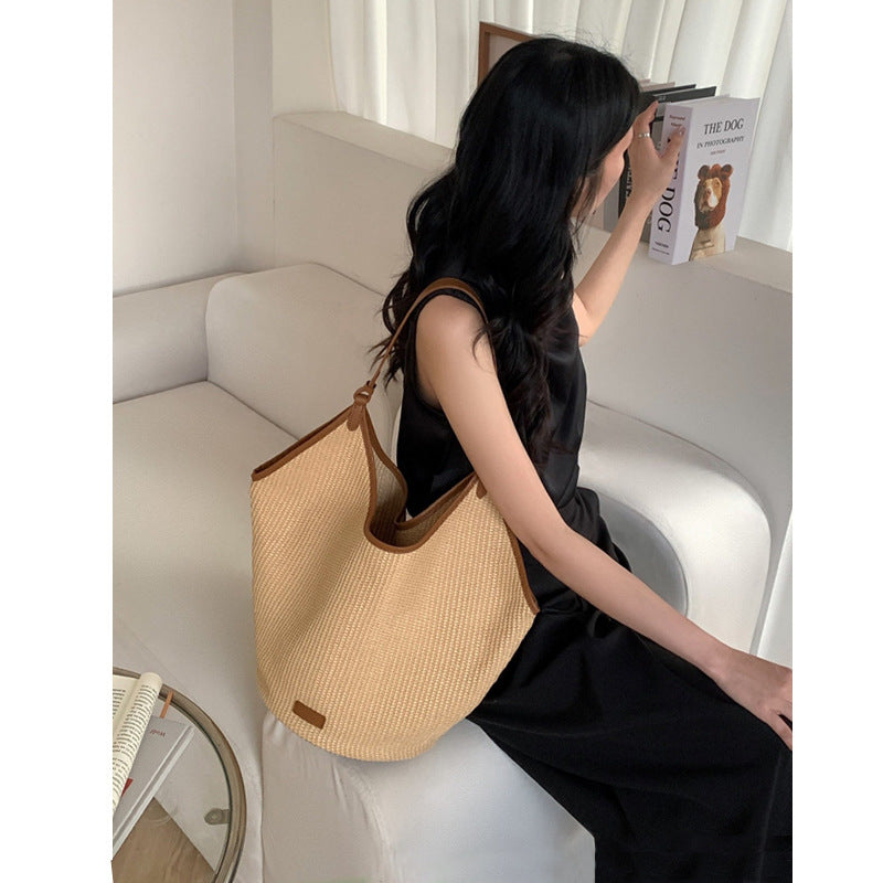 ZllKl Straw Large Capacity Bag Female Tote Bag New Summer Casual Shoulder Big Bag Commuting Woven Bucket Bag