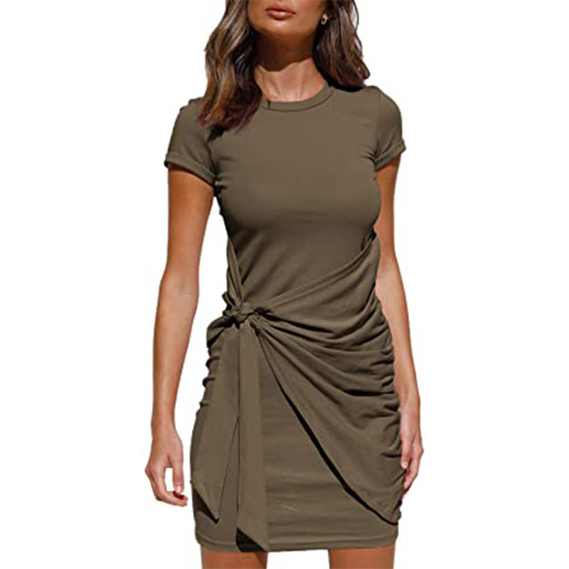 ZllKl European and American Popular Short Sleeve round Neck Pleated Bow Belt Irregular Dress