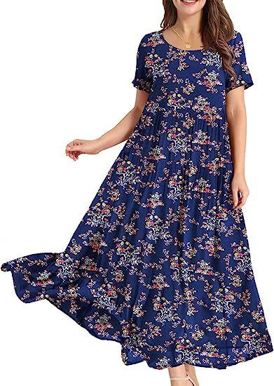 ZllKl Summer Beach Midi Dress Comfortable Pleated Dress Casual Loose Floral Dress