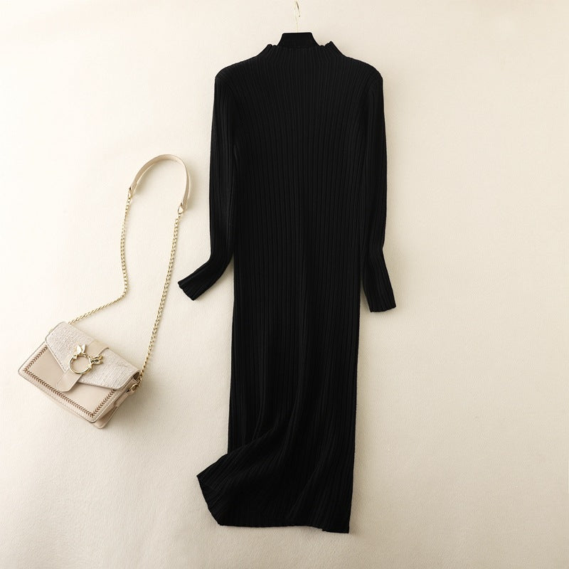 ZllKl Winter knitted primer sweater skirt over knee long skirt with coat New new semi-turtleneck thickened dress