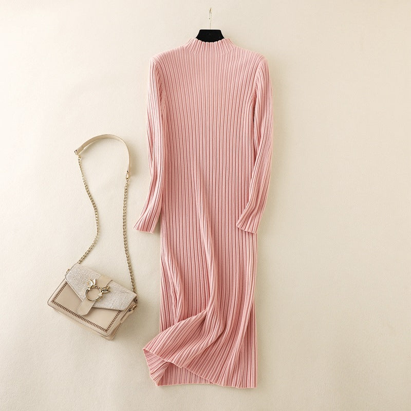 ZllKl Winter knitted primer sweater skirt over knee long skirt with coat New new semi-turtleneck thickened dress