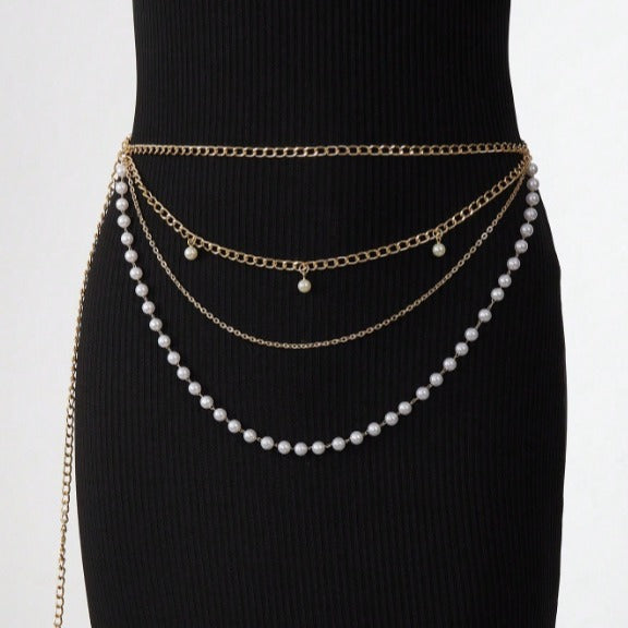 FB3365 2025 waist chain pearl chain pendant metal chain pearl chain wavy fringed pendulum chain waist chain