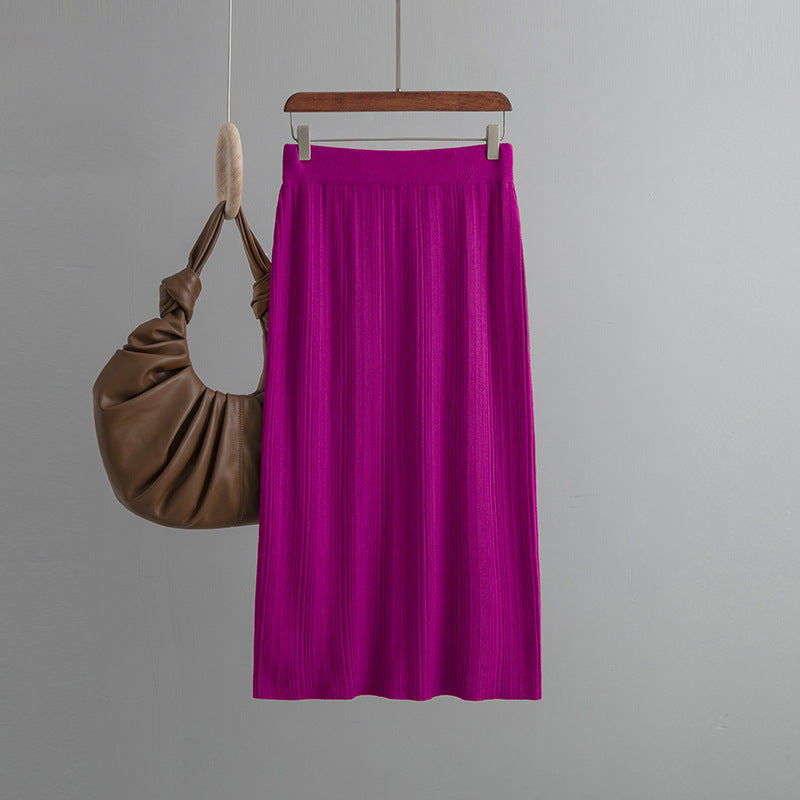 ZllKl Rear split knitted pit strip skirt solid color elastic waist elastic hip wrap temperament thin wool skirt autumn new