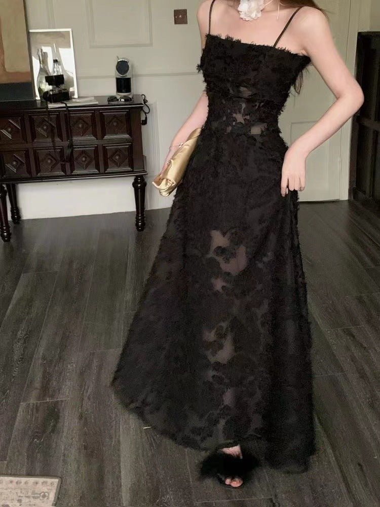2025 Spot black perspective dress dress popular summer new temperament seaside vacation thin tall long dress women