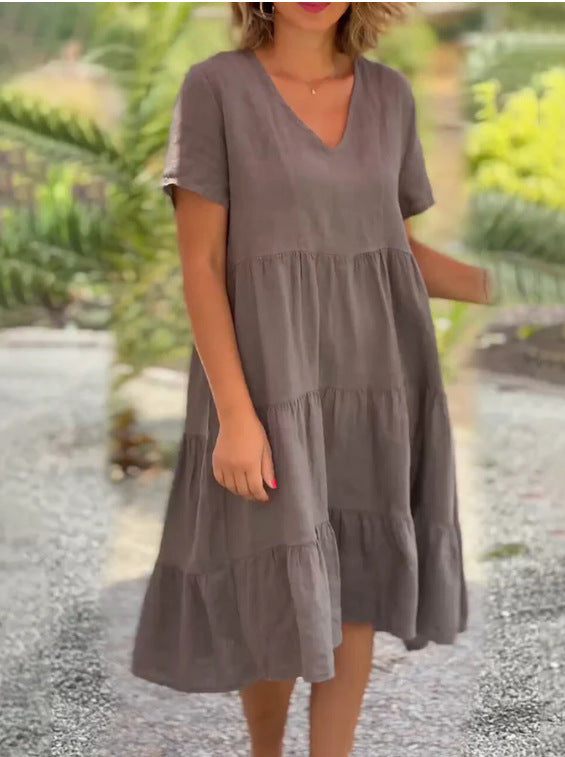 ZllKl European American Summer New Women's Clothing Fresh Sweet V-neck Solid Color Wide Hem Casual Skirt Dress