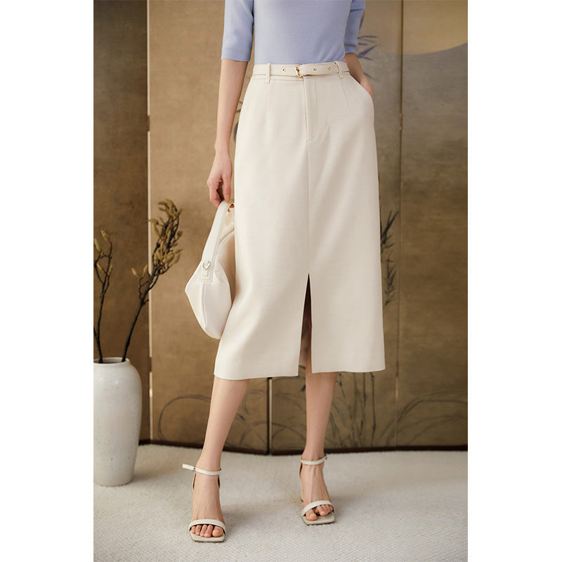 2025 Temperament lady wind~ good match, high waist split fork containing wool skirt white skirt spring and autumn women's clothing