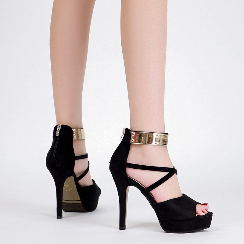 ZllKl European and American Metallic Summer Trendy New Peep Toe Back Zipper Stiletto Heel Sandals Height Increasing Social High-Grade Women's Shoes