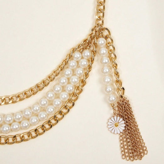 FB3410 2025 waist chain wavy tassel side pendulum chain metal chain pearl chain combination waist chain waist decoration