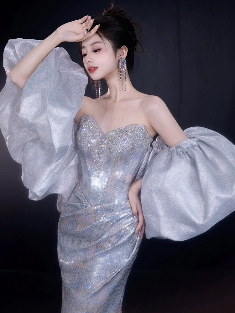 High-end sequined evening dress heavy industry tube top bride engagement fishtail temperament light luxury socialite banquet dress