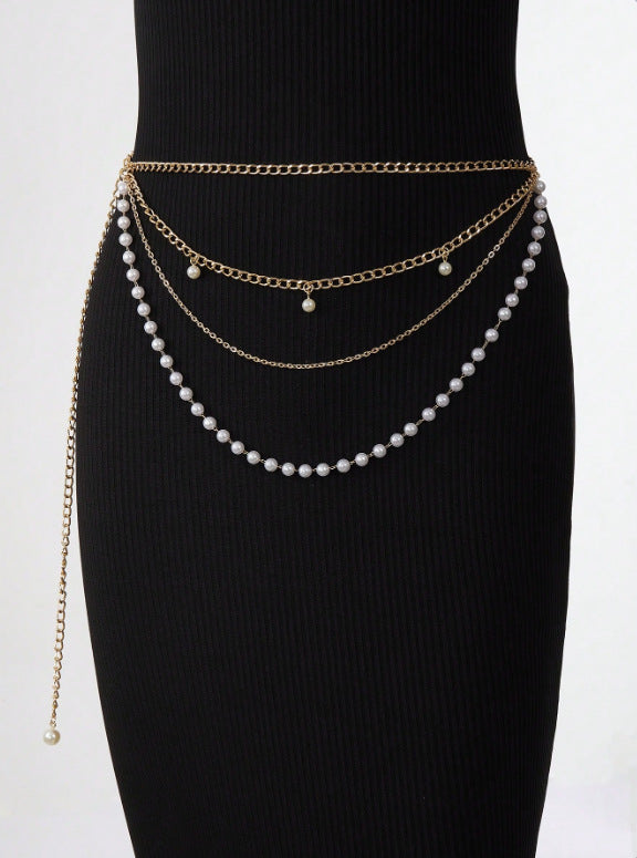 FB3365 2025 waist chain pearl chain pendant metal chain pearl chain wavy fringed pendulum chain waist chain