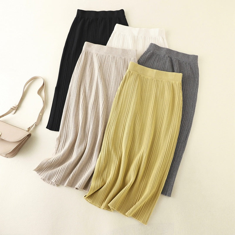 ZllKl New autumn and winter new casual knitted split skirt high waist elastic solid color inner with thin hip skirt women