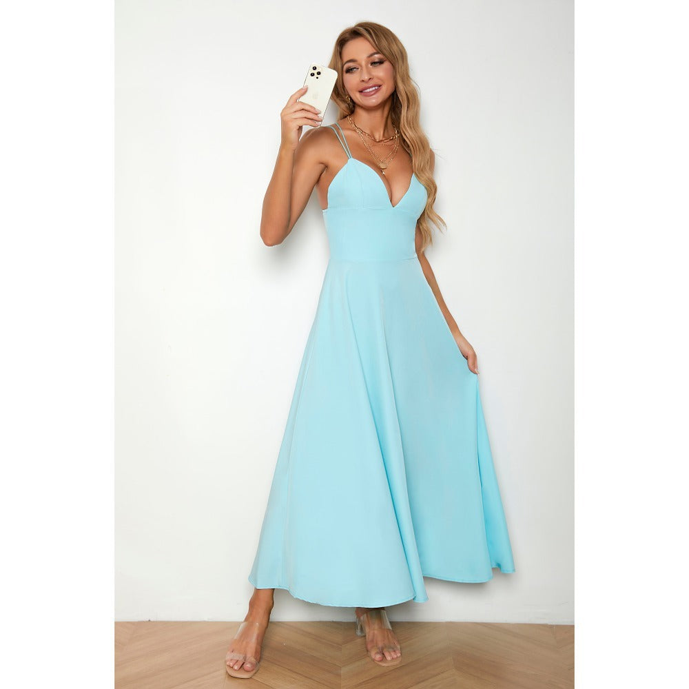 ZllKl Spring/Summer Cross-Border Women's Clothing Solid Color Hepburn Style Strap Dress Tube Top Stitching Midi Dress