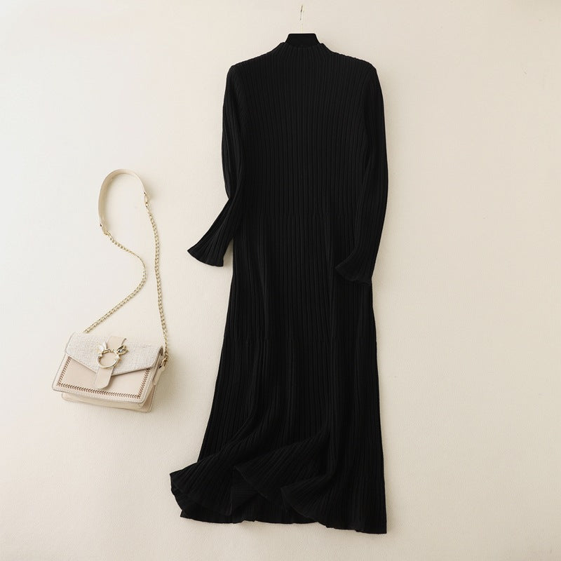 ZllKl women's clothing, knee-length dress New autumn and winter new women's semi-turtleneck striped knitted primer dress slim fit