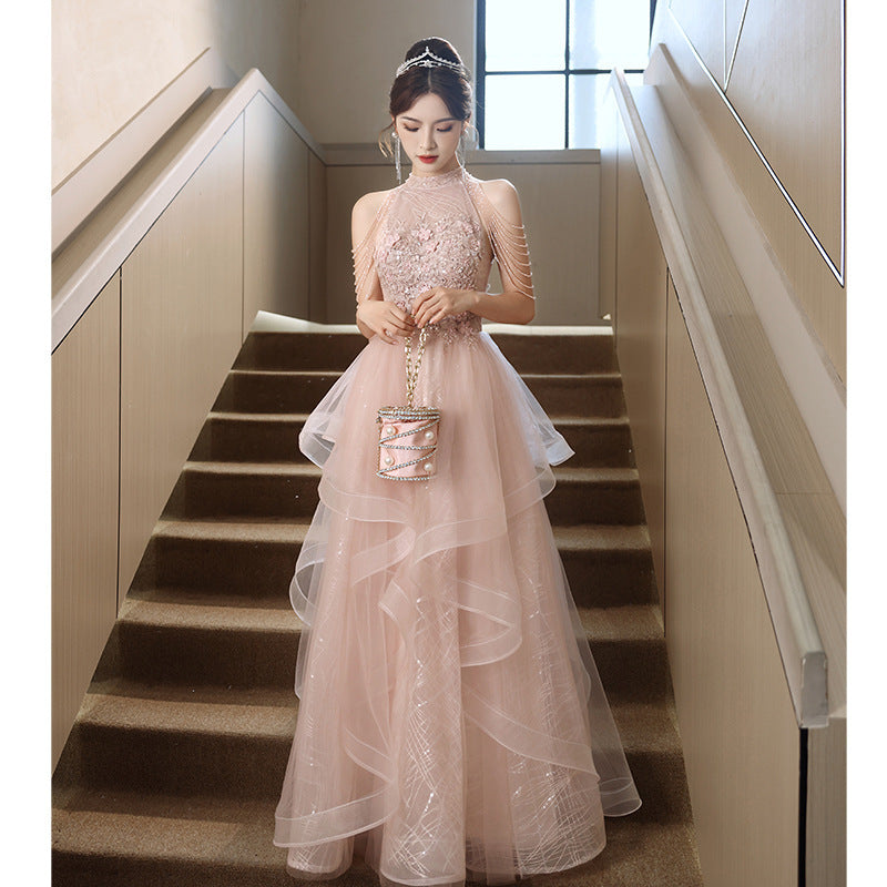 2025 Banquet evening dress dress 2025 new light luxury pink fringed high sense engagement toast dress bridal morning gown dress
