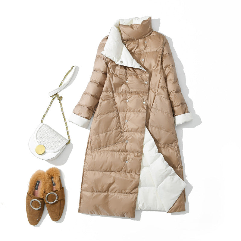 Cross-border wears down jackets on both sides in Europe and the United States, women's medium and long New new light and thin stand-up collar white duck down jacket.
