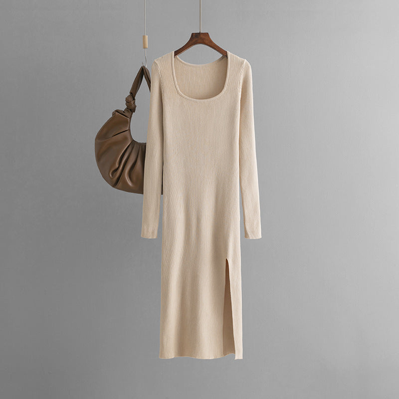 ZllKl New new autumn and winter solid color dress women's long dress slim temperament thin knitted backing sweater skirt