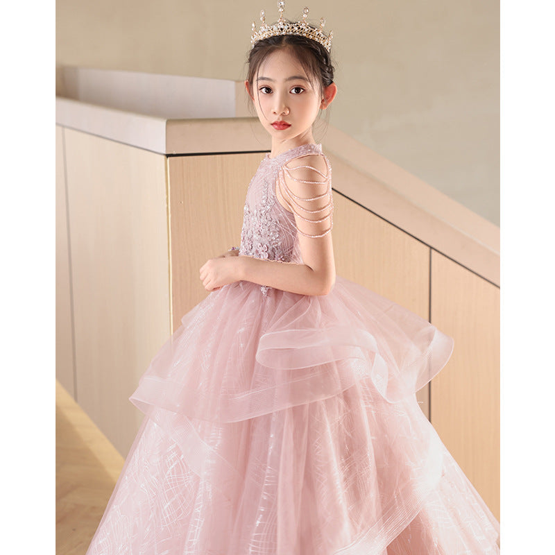 ZllKl Children's Dress Girls Birthday Princess Dress Dresses of Bride Fellow Kids Light Luxury Minority Children Host Piano Performance Pink