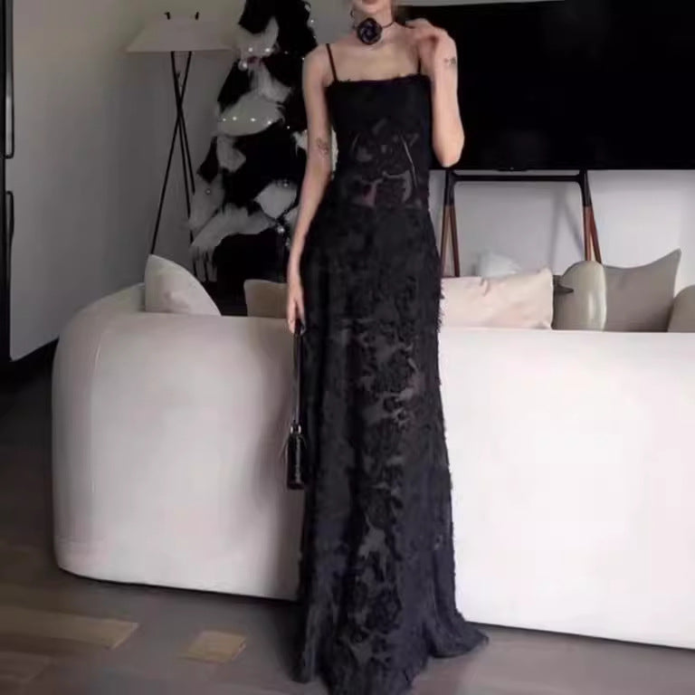 2025 Spot black perspective dress dress popular summer new temperament seaside vacation thin tall long dress women