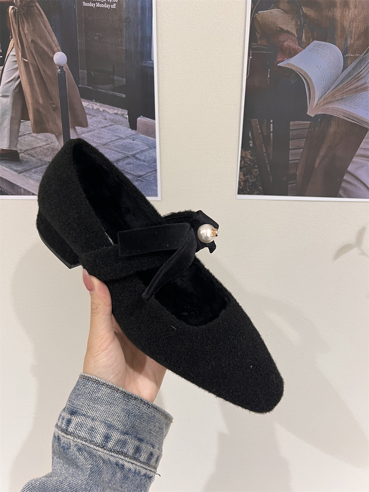 2025 thick heel gray single shoes with skirt evening shoes women's shoes popular autumn and winter plush Mary Jane fluffy shoes