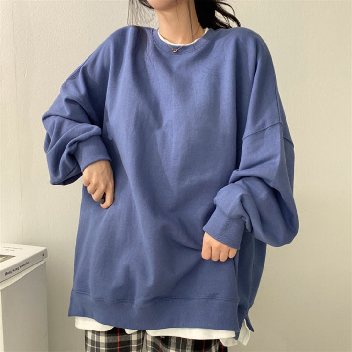 ZLLKL 2025 Cotton, fake two-piece sweater, women's loose Korean version, loose and versatile clothes, large size, spring and autumn solid color coat ins trendy brand