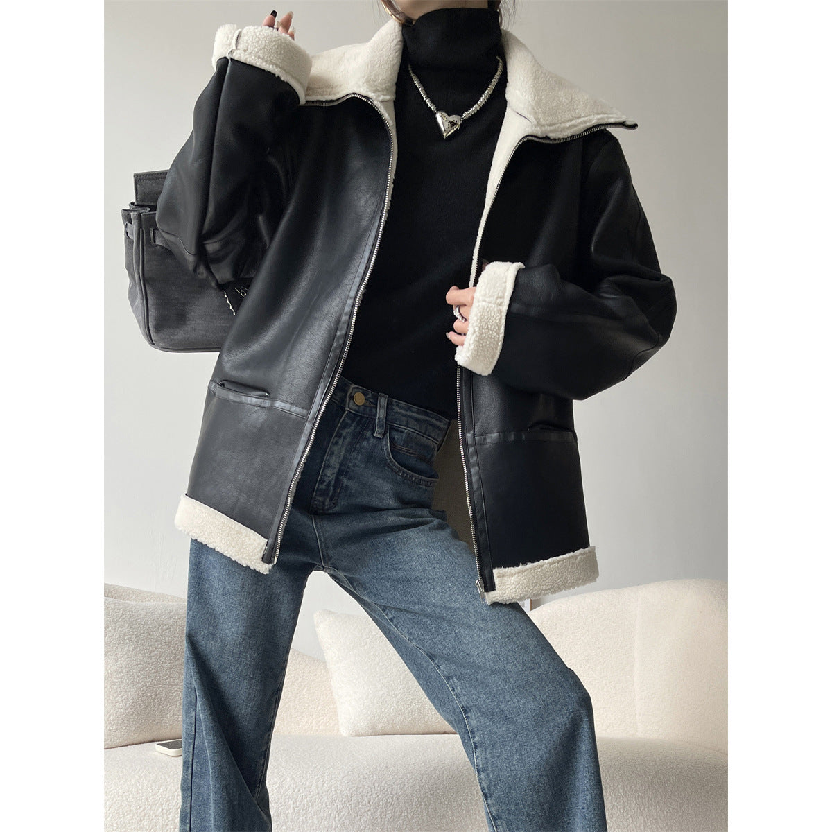 Mengzixi, Yang Mi, Liu Yun, the same motorcycle suit, lamb wool fleece leather jacket, women's autumn and winter jacket X1683