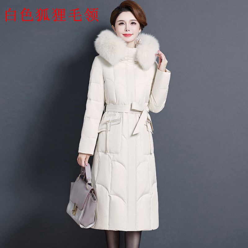 2023 new fashionable and foreign medium and long mother thickened winter knee jacket middle-aged white duck down jacket women
