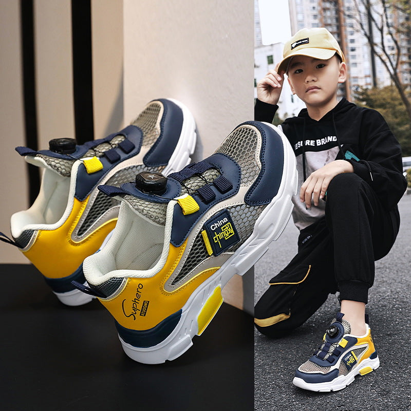 ZllKl Single Mesh Children's Shoes Boys 'And Girls' Sneakers Spring and Summer Mesh Breathable Boys' Running Shoes Rotating Button Children's Shoes