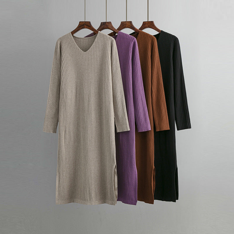 ZllKl Autumn and winter v-neck knitted dress women's outerwear straight tube thin long-sleeved pit strip split bottom knee sweater skirt