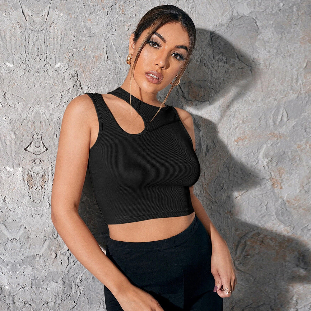 popular Spring and Summer Women's Sleeveless Sports Vest Slim-fit Super Short Sexy Hollow Crew Neck Solid Color Top