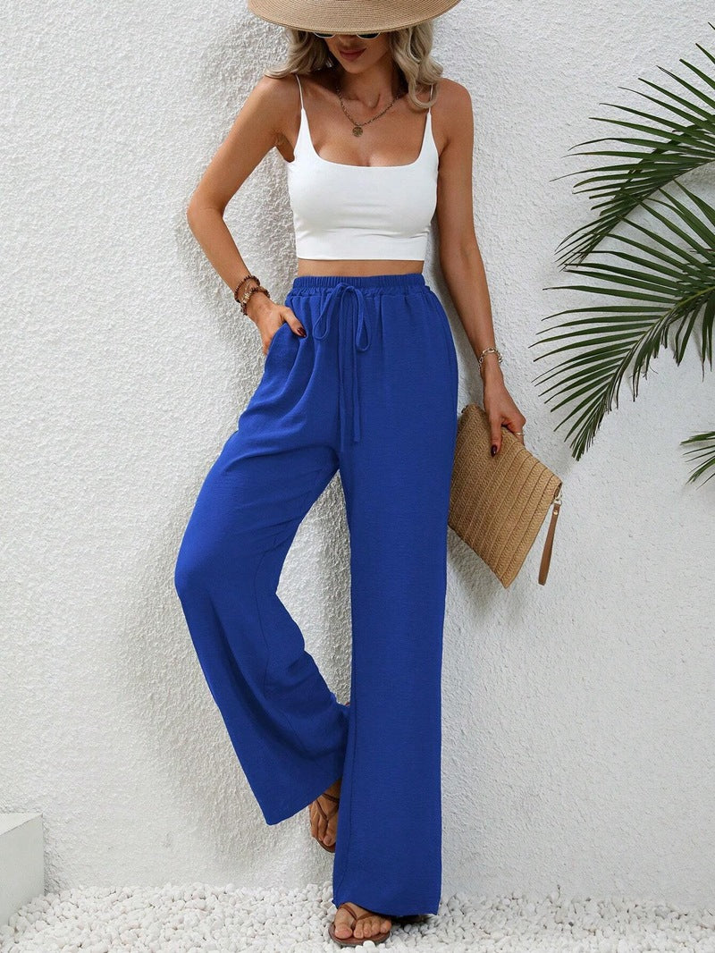 ZllKl Tiktoktemu European and American Women's Clothing Spring and Summer New Versatile Solid Color Mop Wide Leg Pants Casual Pants