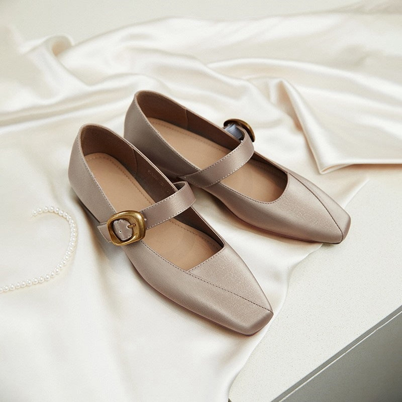 2025 Quiet luxury style silk square head single shoes women's low thick heel new comfortable commuting temperament women's shoes