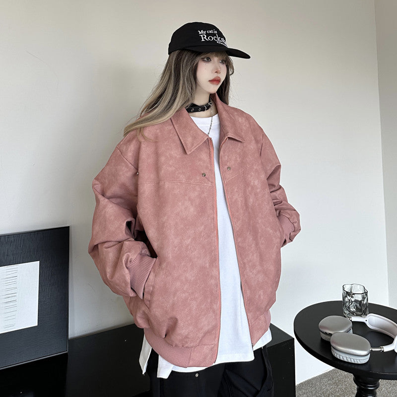 Real shot #Hong Kong style retro leather jacket women's 2023 autumn and winter new loose high street lapel baseball jacket tide
