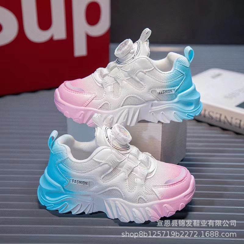 ZllKl Girls' Shoes Rotating Buttoned Shoes Gradient Color Breathable Mesh Surface Dad Shoes White Shoes Medium and Big Children Children Sneaker Tide