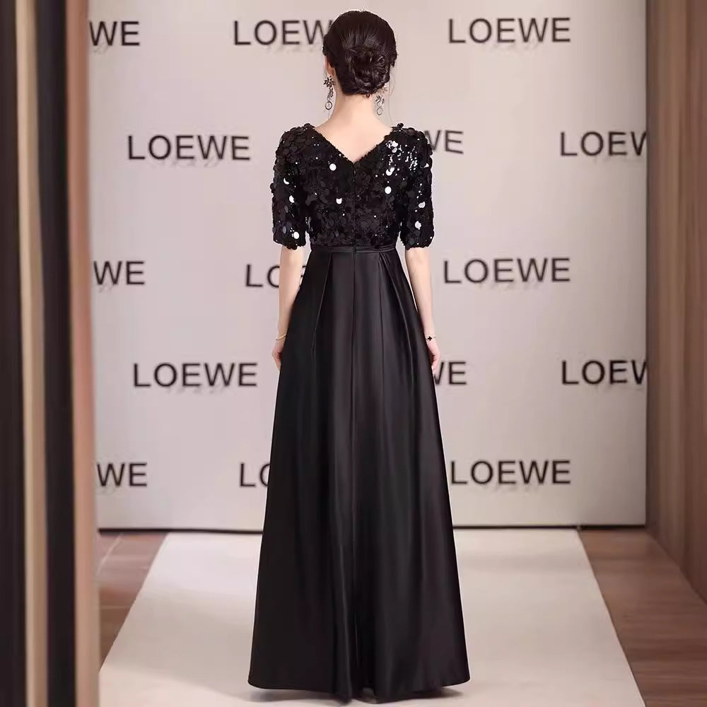 2025 Black V-neck long evening dress skirt 2025 new annual meeting catwalk art examination choir piano performance clothes wholesale
