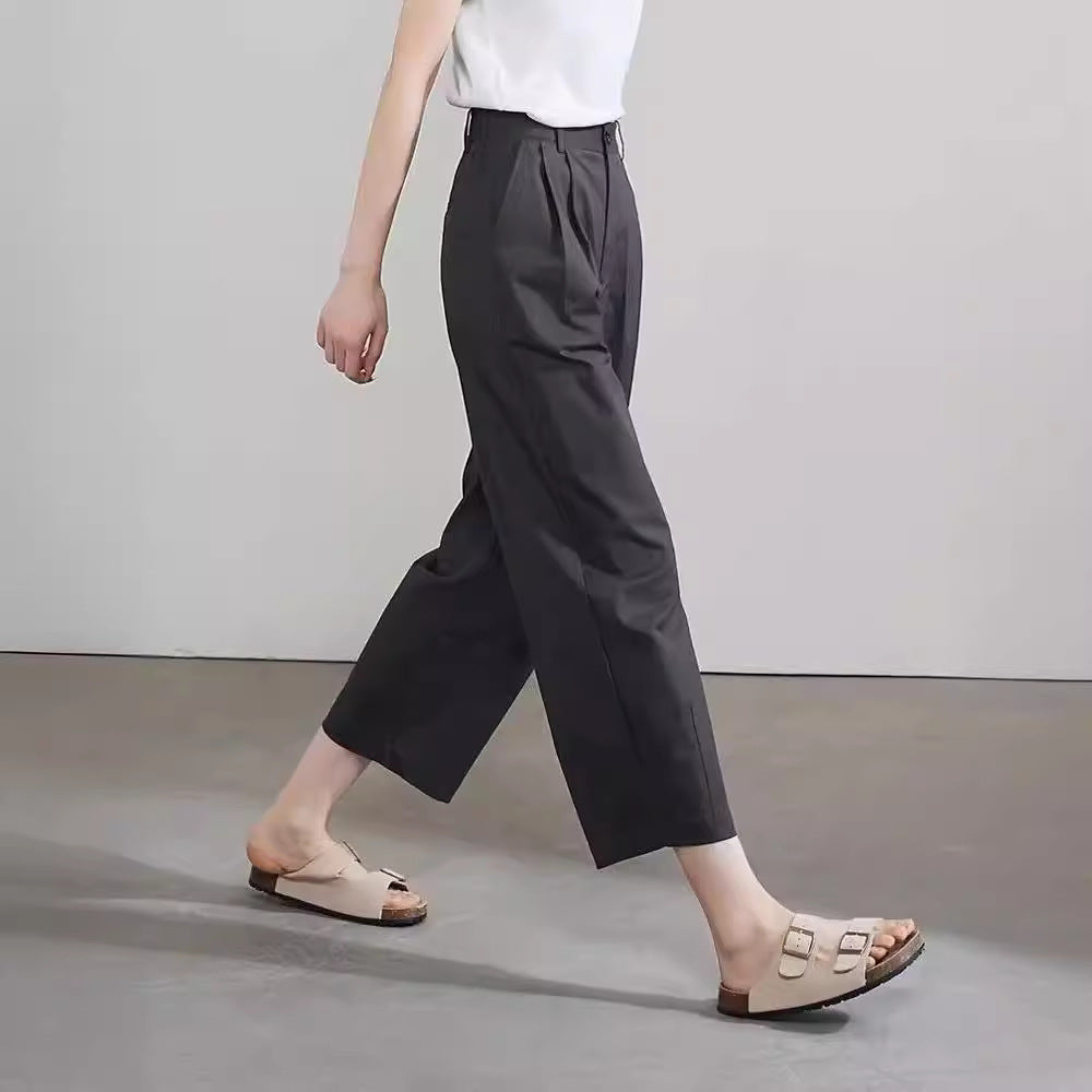 ZllKl Solid Color Ankle-Length Knickerbockers New Summer Fashion Women's Wear Loose Slimming High Waist Casual Wide-Leg Pants Trendy