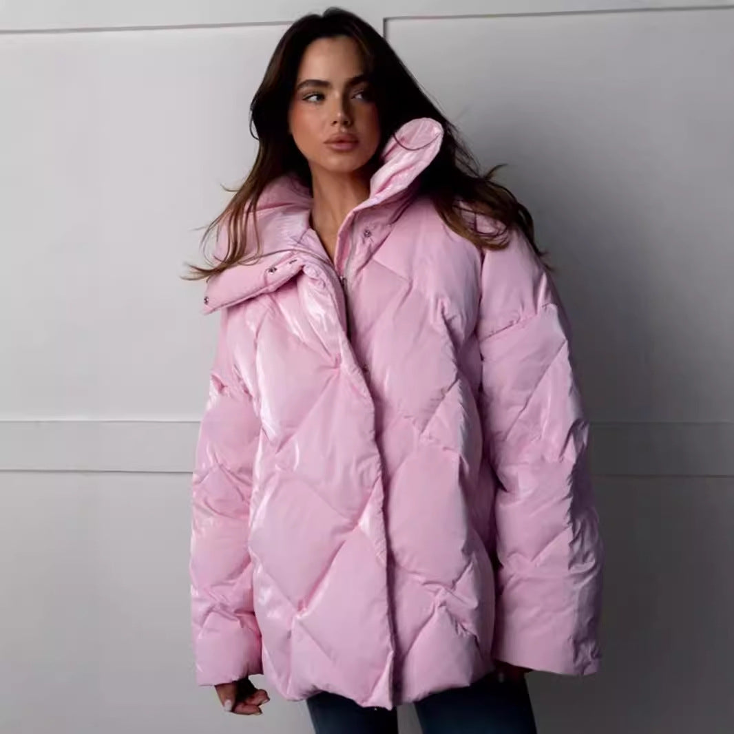 Cross-border rhombus cotton clothes European and American women's clothing autumn and winter new loose coat matte glossy lapel cotton-padded casual jacket