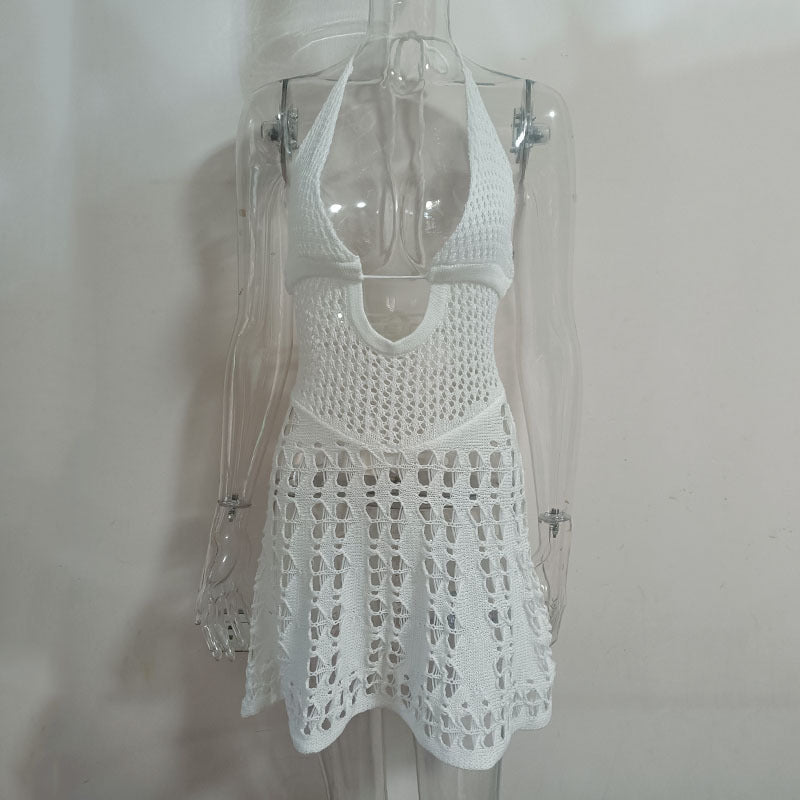 Sexy Spaghetti Straps Knitted Hollow Backless Lace-up New 2025 Summer New European and American Knitted Dress