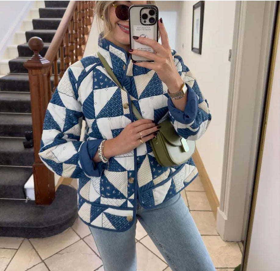 autumn and winter explosion cross-border high-necked fashion rhombus printing women's cotton-padded jacket 085