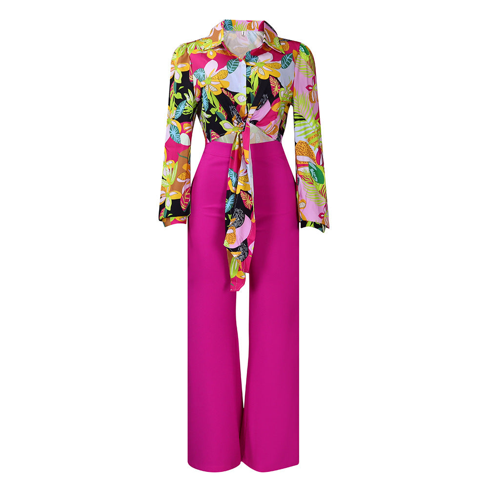 zllkl D3241 European and American Foreign Trade Women's Clothing Cross-Border Suit Autumn Print Lapel Long Sleeve Shirt Top Wide Leg Pants Two-Piece Set