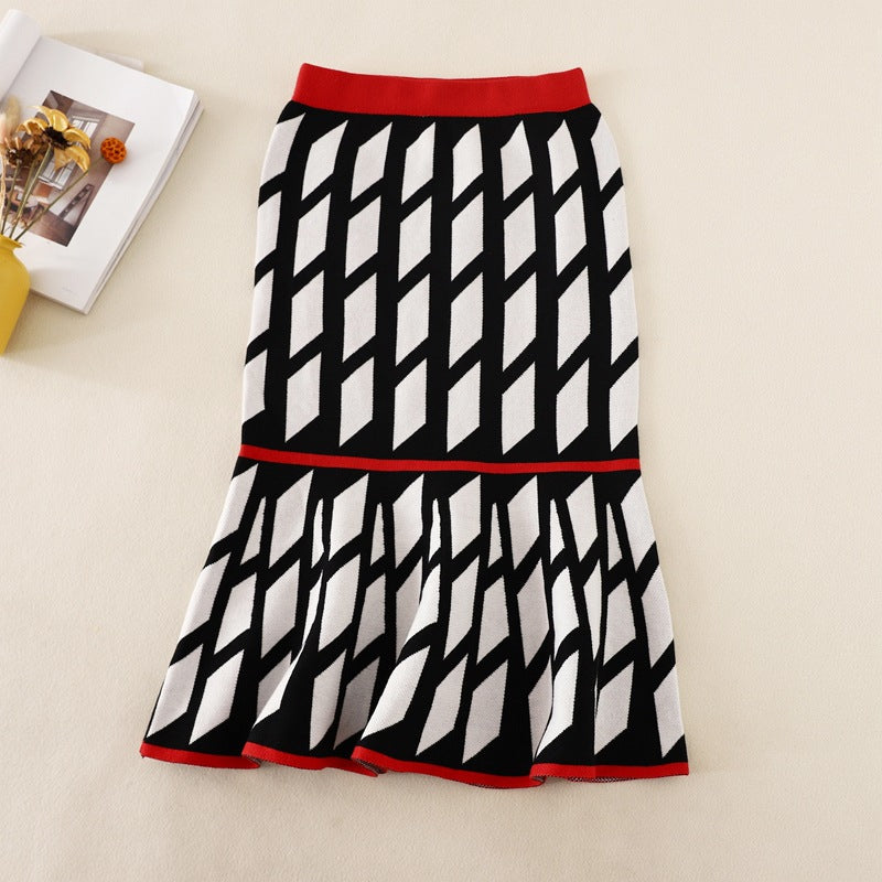 ZllKl Knitted skirt fishtail hip skirt New autumn and winter new high waist medium and long ruffle leaf edge hip covering wool skirt