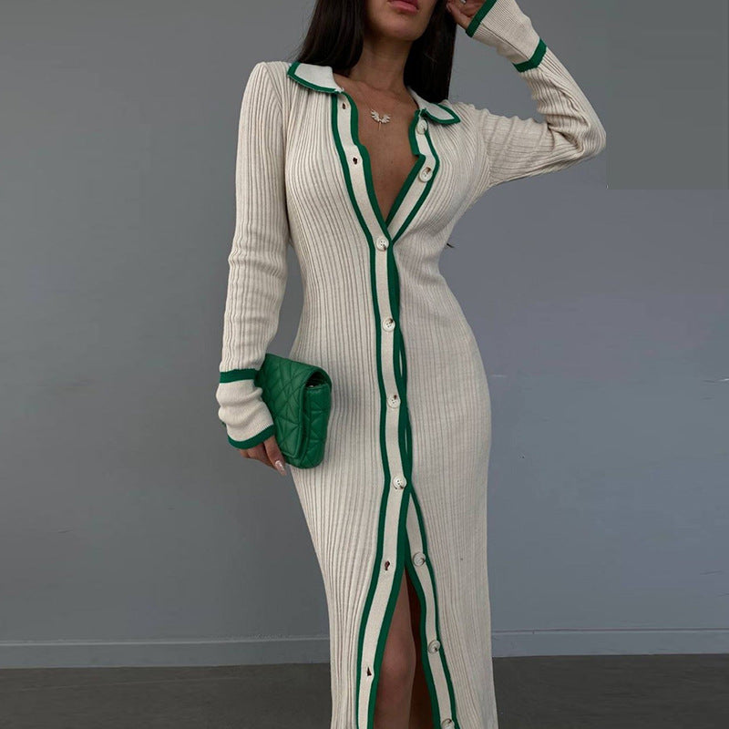 2025 New new products slim lapel splicing women's long-sleeved cardigan dress