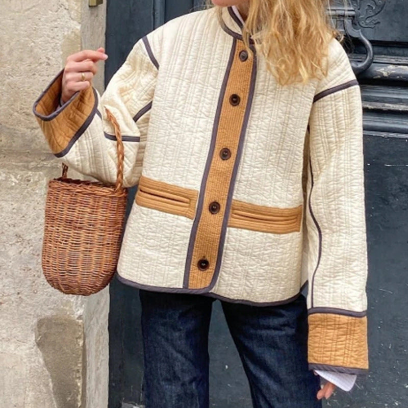 Cross-border 2023 autumn and winter retro printed cotton jacket European and American temperament commuter round neck long sleeve color matching women's cotton-padded clothes