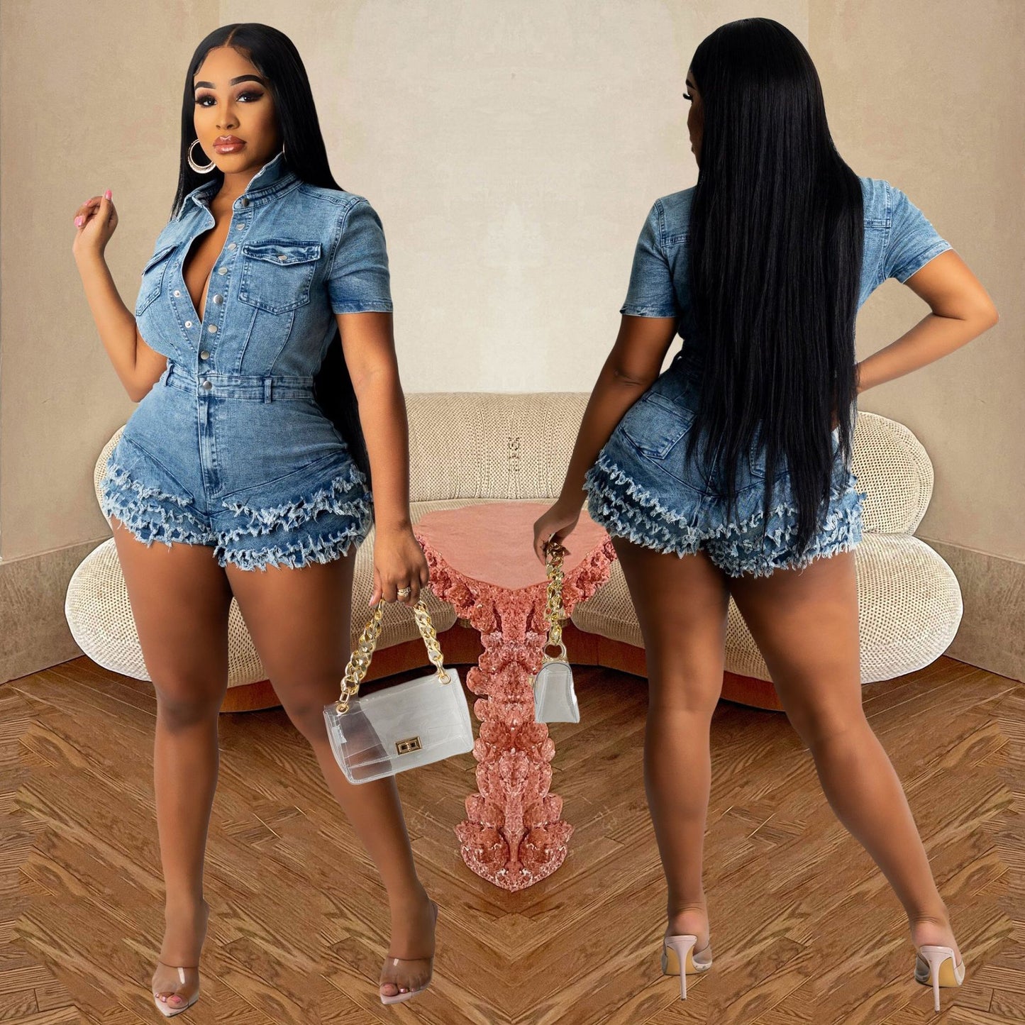 6940 European and American Women's Clothing New Arrival Fashion Denim Women's Wear Slim Fit Burrs Tassel Denim Jumpsuit